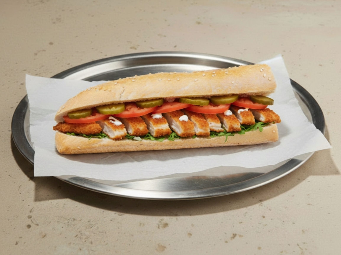 שניצל ב-1/3 באגט, עם סלטים לבחירה.
