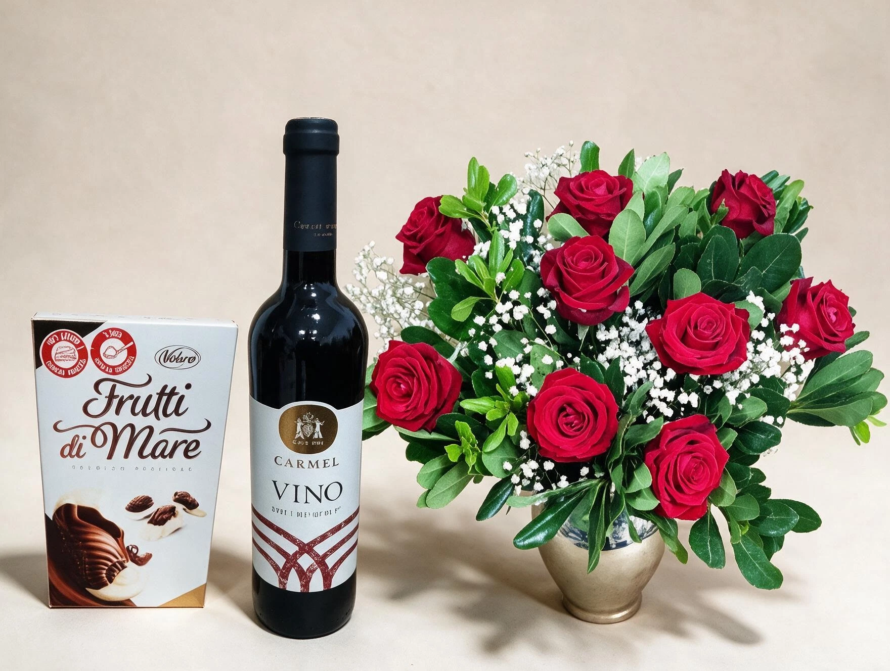 דיל ורדים יין ושוקולד HR Flowers פרחים רמת גן