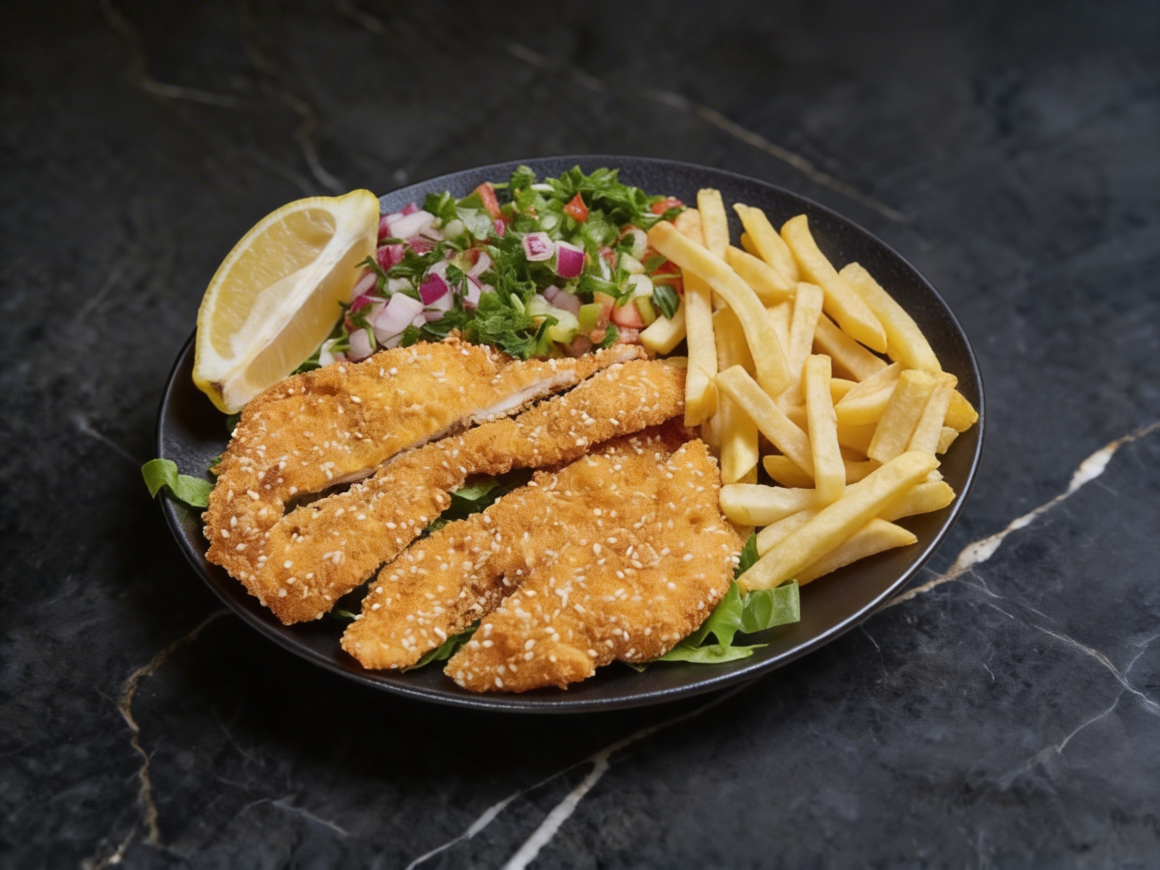 שניצל בצלחת, 4 יח' שניצל לבחירה, מוגש בליווי צ'יפס, סלטים, רטבים ושתייה לבחירה.
