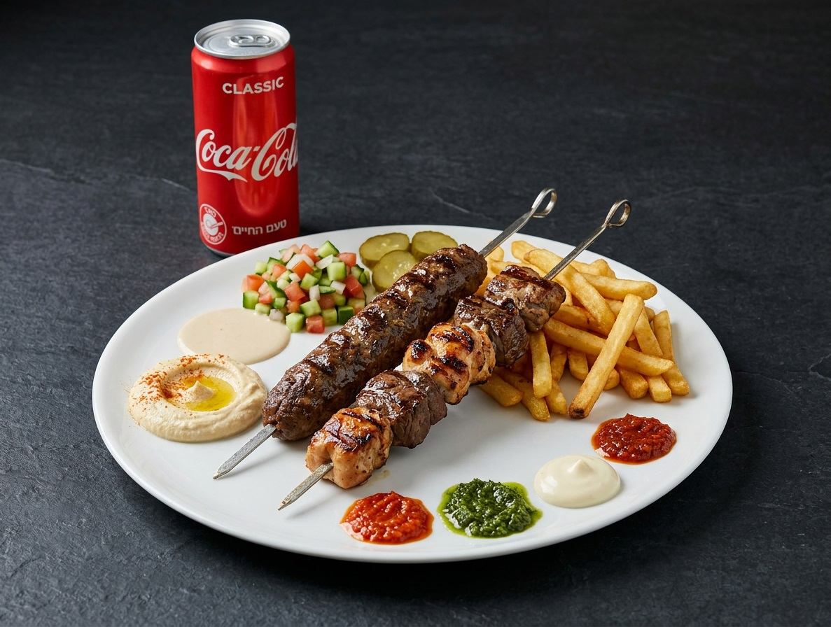 2 שיפודים בצלחת + צ'יפס + סלטים + שתיה NNP בשרים על גריל פחמים נתניה